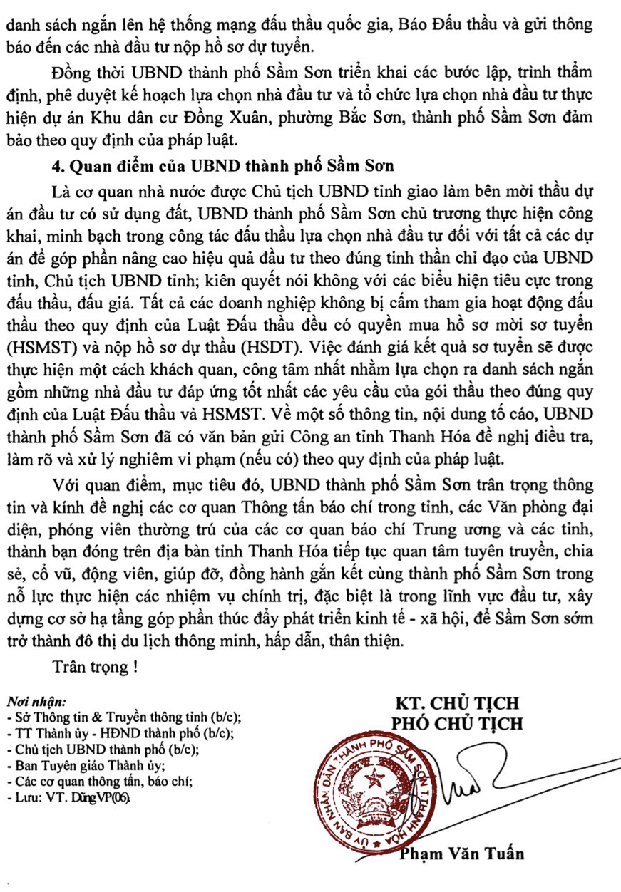UBND thành phố Sầm Sơn (Thanh Hóa) thông tin về dự án khu dân cư Đồng Xuân

